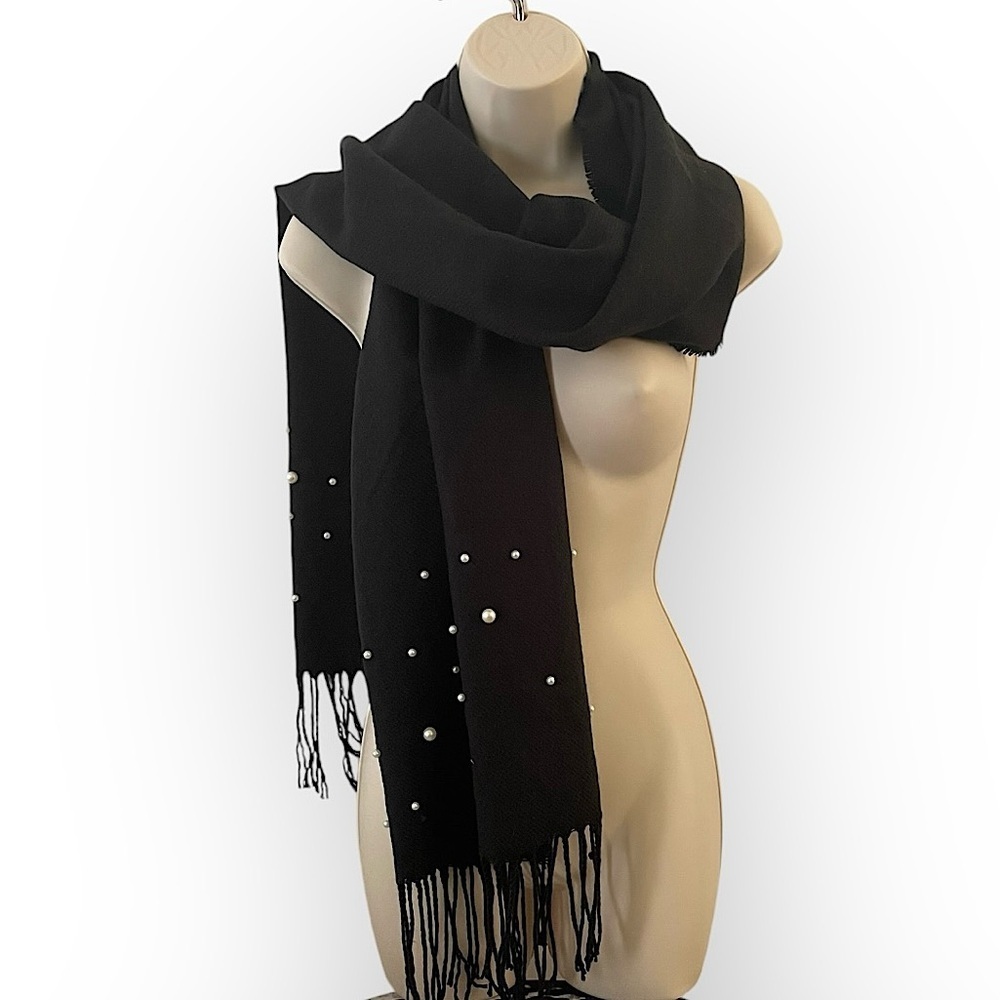 BEBE women’s pearl embellished fringe scarf black cozy soft winter chic neutral